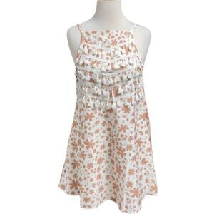 Boho Floral Fringe Tank Dress Taupe/white Size Small NWT